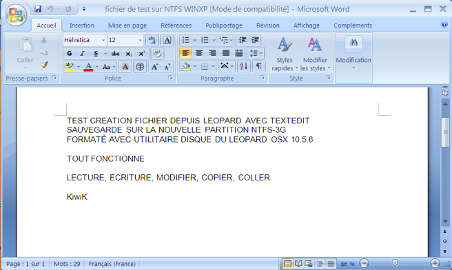 Fichier test RTF ouvert avec Word depuis WinXP